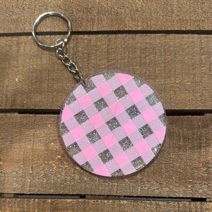 Pink and Silver Checkered Keychain